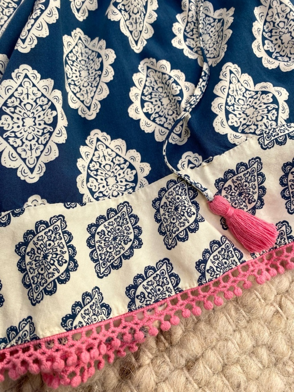 Matilda Jane Blue White Tile Print Tassel Pocket Romper, Size S - Picture 7 of 10